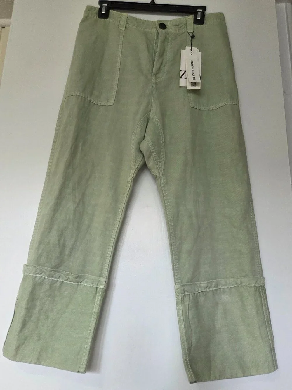 ZARA The Tokyo Trouser Pants S Green Cuffed Cropped Wide Leg High Cargo Linen